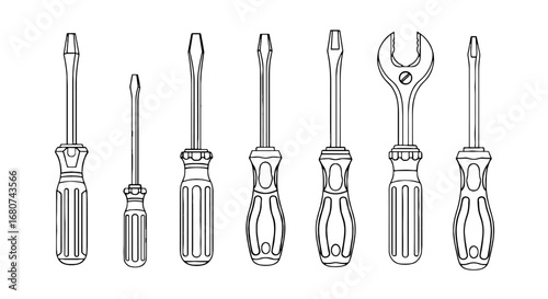 Hand tools outline: Screwdrivers & wrench. Workshop, repair, home improvement, equipment, construction, hardware, maintenance, mechanic, professional