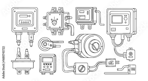 Electrical components and instrumentation, line drawing. Electronics, wiring, control, equipment, diagrams, maintenance, science, technology, engineering