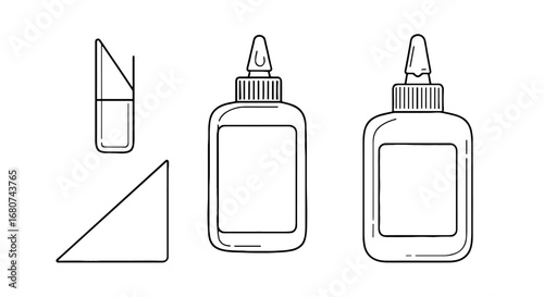 Glue, craft knife, and triangle outline icon graphic. Stationery, school supplies, office equipment, design, art tools, clip art, diy project, illustration