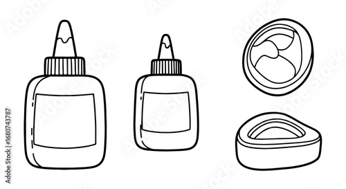 Glue bottles and stick tape outline drawing. Craft supplies, school projects, adhesive, stationery, DIY, arts, hobby, handmade, creative, vector, contour