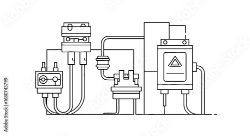 Industrial equipment diagram with boxes and wiring. Machinery, automation, circuit, technology, factory, industry, manufacturing, engineering, schematic, system.