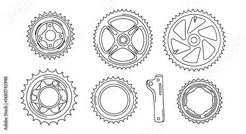 Bike gears diagram shown. Sprocket cogwheels, drivetrain engineering. Bicycle, transport, mechanics, equipment, technical drawing, metal, steel, cycle, cog, chain