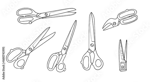 Scissors collection line art. Cutting tools, craft supplies, tailoring equipment, sewing items, design, scissors graphic, hobby, stationery, art.