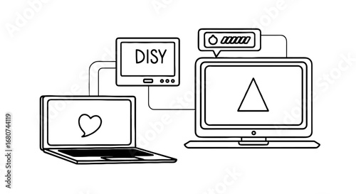 Devices connected in a network. Laptop, monitor, and router linked. Computing, communication, connection, technology, network, hardware, electronics, systems, equipment