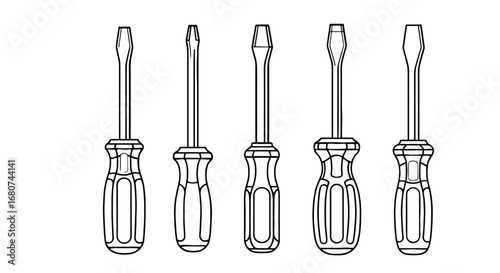Set of five screwdrivers lined up. Tools, manual work, hardware, repair, maintenance, construction, hand tools, precision, carpentry, DIY, fix, equipment.