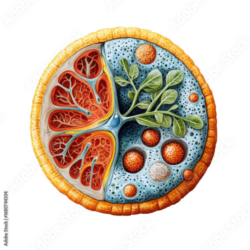 Crosssection of a biological cell with intricate details showcasing internal structures organelles and cellular processes in a vibrant and artistic style on transparent background