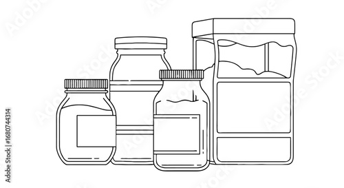 Several jars and containers with labels are grouped together. Storage, organization, packaging, kitchen, pantry, food preservation, blank labels, home supplies