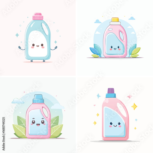 Detergent playful pastel cartoon collection, cute vector characters, soft vibrant design.
