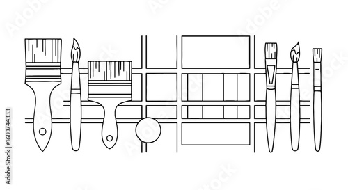 Paintbrushes and city grid design outline. Art, city, creativity, painting, urban planning, artistic, architecture.