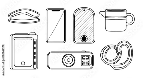 Various tech and daily items icons lined up. Modern electronics, devices, camera, pretzel, pitcher, sleep mask, gadgets, outline art.