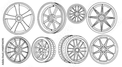 Set of car wheels of various designs. Automotive, transport, design, racing, sports, engineering, mechanics, style, equipment.