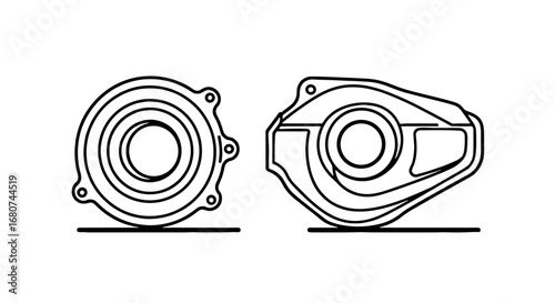 Two engine components or cases shown. Engineering, manufacturing, mechanical parts, machinery, assembly, metalwork, spare part, hardware, component, machine, mechanism