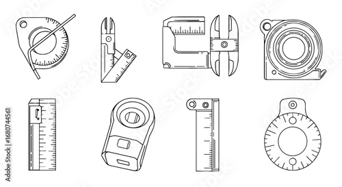 Diverse measuring tools collection in technical line drawing. Instruments, precision, engineering, measuring, measurement, accuracy, design, equipment.