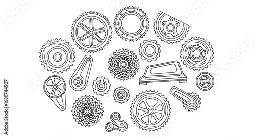 Bicycle parts outline illustration. Gears, sprockets, components. Bike repair, cycling equipment, mechanics, engineering, machine, bicycle, cog, transportation