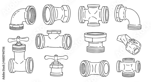 Set of plumbing pipes fittings and valves illustration. Piping equipment, home renovation, construction, plumbing, repair, hardware, installation, maintenance, tools