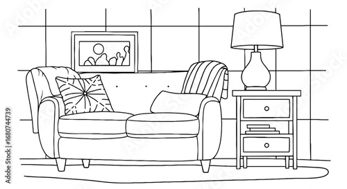 Living room scene with couch, table lamp and wall art. Home interior design, furniture, comfort, style, domestic, relaxation, relaxation, modern