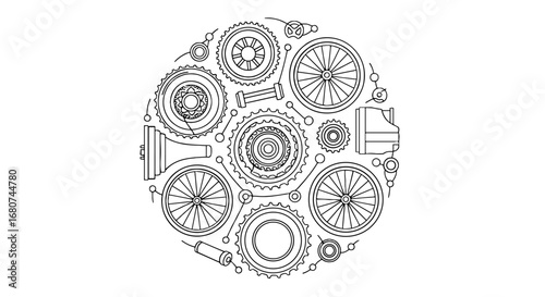 Bicycle parts arranged in circular pattern. Transportation, cycling, mechanics, industry, engineering, technology, vintage, retro, design, line art