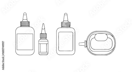 Outline drawing of glue bottles and container. Adhesive supplies, tools, containers, stationery, art and craft, workspace.