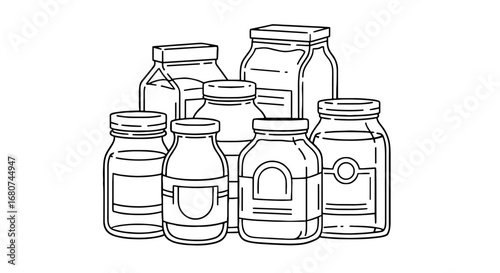 Outline drawing of stacked containers and jars. Food storage, pantry, kitchen organization, canning, grocery shopping, reusable, zero waste, minimalist design