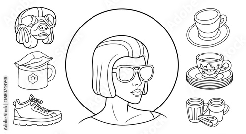 Fashionable woman with sunglasses surrounded by various objects. Style, trendy, accessory, modern, design, artwork, sketch, drawing, lines