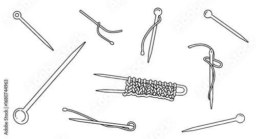 Knitting needles and yarn are featured in an illustration. Handicraft, hobby, textile art, sewing, crafts, design.