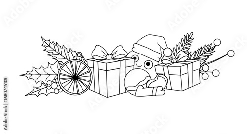 Festive holiday decoration with gifts and cute character. Christmas, holiday, celebration, winter, fun, joy, happiness, festive, decoration, gifts, ornaments