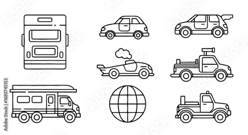 Vehicles and a globe in line art. Transport, driving, world, adventure, travel, exploration, cars, trucks, camper, bus, mobility, drawing, design.