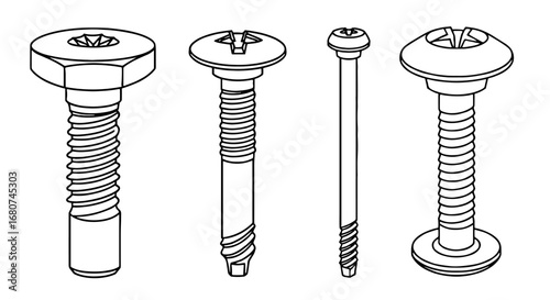 Four screws with different heads illustrated. Fasteners, construction, hardware, tools, repair, fix, maintenance, manufacturing, industrial, engineering.