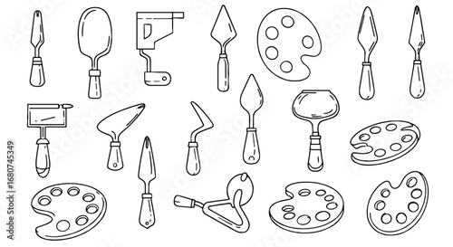 Art supplies outline. Palette and spatula drawing. Artist tools, painting, craft, art, artistic, equipment