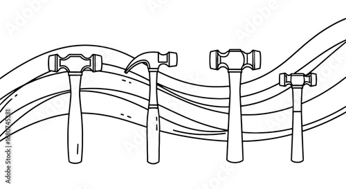 Hammers lined up with abstract waves. Tools, construction, carpentry, repair, equipment, steel, worker, wood, manual, industry, diy, building, home, renovation
