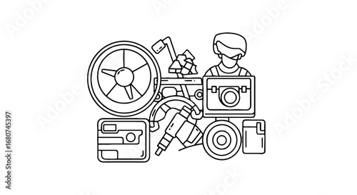 Travel equipment and figure composed in graphic design. Modern vector art with symbols of travel and recreation. Adventure, recreation, tourism, hobby, vacation, transport