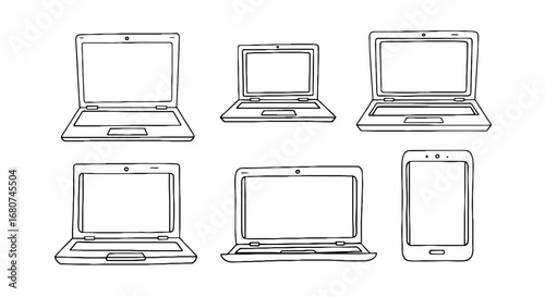 Line art shows laptops and smartphone. Technology devices, computer gadgets, mobile phone, connectivity, communication, digital, electronics, devices, information, gadgets