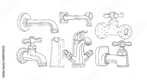 Various tap and faucet designs for water access. Plumbing fixtures, sanitary ware, design, interior, bathroom, water, engineering, utilities.