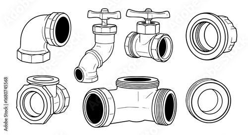 Plumbing fixtures and connectors. Construction, pipeline, plumbing, installation, engineering, sanitary, equipment, design, industry, home, repair, metal.
