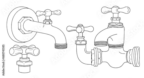 Faucets illustrate plumbing fixtures. Water, taps, home improvement, equipment, sanitation, valve, plumbing, appliance, renovation, household.