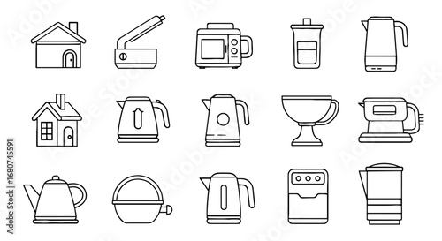 Household appliances line art collection, modern kitchen devices. Kettle, toaster, coffee maker, tools, housewares, domestic appliances, kitchenware.