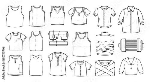 Sketches of sewing and apparel, design patterns. Fashion, tailoring, sewing, garments, clothing, apparel, dressmaking, hobby, machine, equipment