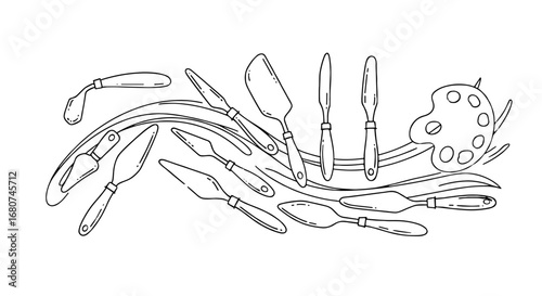 Artist's palette and palette knives illustration. Art supplies, equipment, creativity, tools, painting, drawing, hobby, art, craft, design, inspiration, artist, kit.