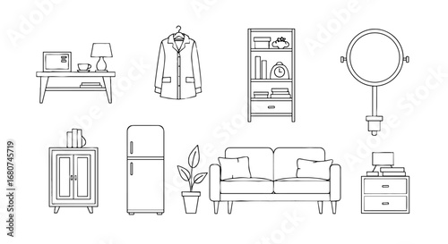 Furniture arrangement on white background. Interior design, home decor, living space, room setting, modern style, furnishings, residential, apartment, home, interior