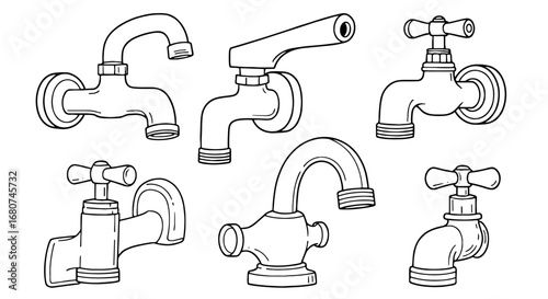 Variety of faucet illustrations in black and white. Plumbing, fixtures, water conservation, plumbing systems, sanitation, pipes, utilities, hygiene.