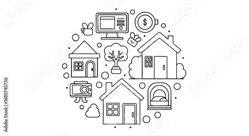 Houses, plants, technology fill circular shape. Home, property, real estate, investment, family, living, residential, neighborhood, design, lifestyle, mortgage