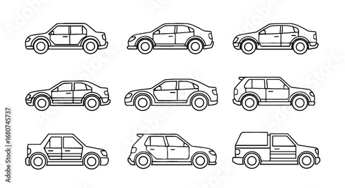 Set of car outline illustrations. Transportation, vehicles, design, automobile, automotive, road, drive, sedan