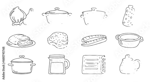 Kitchenware and food items. Drawing style. Cooking, food preparation, utensils, meal, cook, kitchen, dining, household