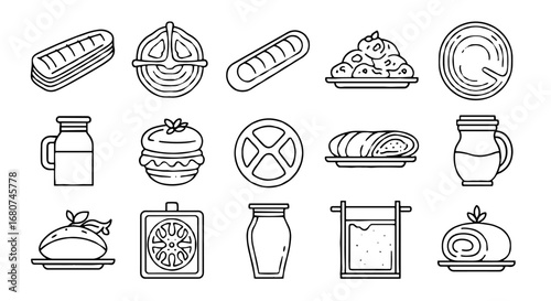 Set of food illustrations, various desserts and containers. Bakery, sweet, cooking, kitchen, design, graphics, outline, drawing.