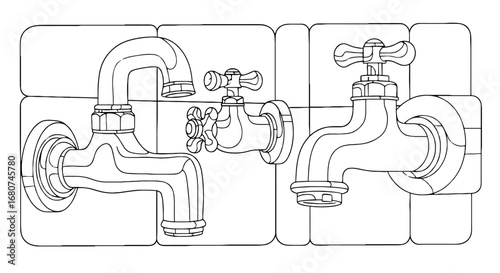 Line drawing of three faucets. Plumbing fixture, water supply, sanitation, metal appliance, hardware, home improvement.