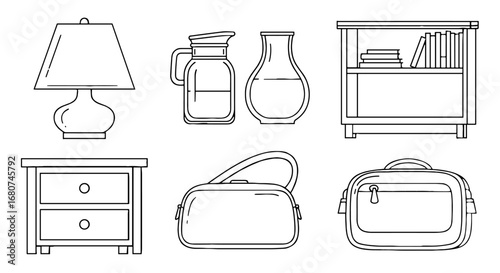 Line art shows furniture and bags. Interior decor, home goods, storage, simple design, outline, minimalist, drawing, sketch, modern, vector, illustration.