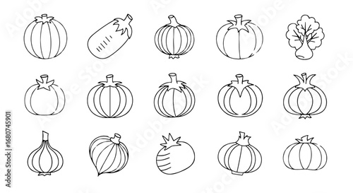Various vegetables in an outline drawing. Produce, healthy, food, illustration, vegetarian, vegan, diet, nutrition, nature, organic, growth, garden, harvest