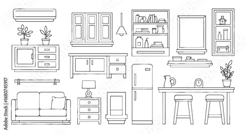 Interior design sketch with furniture elements. Home furnishing, layout, line art, decor, living space, furniture plan, blueprint, room, interior design.