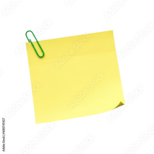 Bright yellow sticky note with a green paperclip attached to the corner