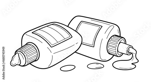 Glue bottles lie on their sides, leaking. Adhesive, craft, spill, sticky, school, mess, open, art, product, stationery, hobby